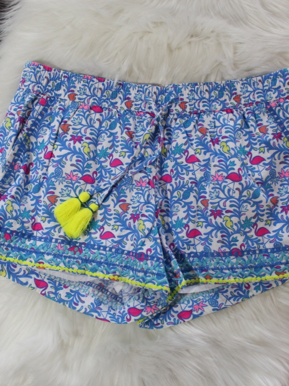 Vineyard Vines Blue & Pink Flamingo Print Drawstring Shorts with Neon Tassels